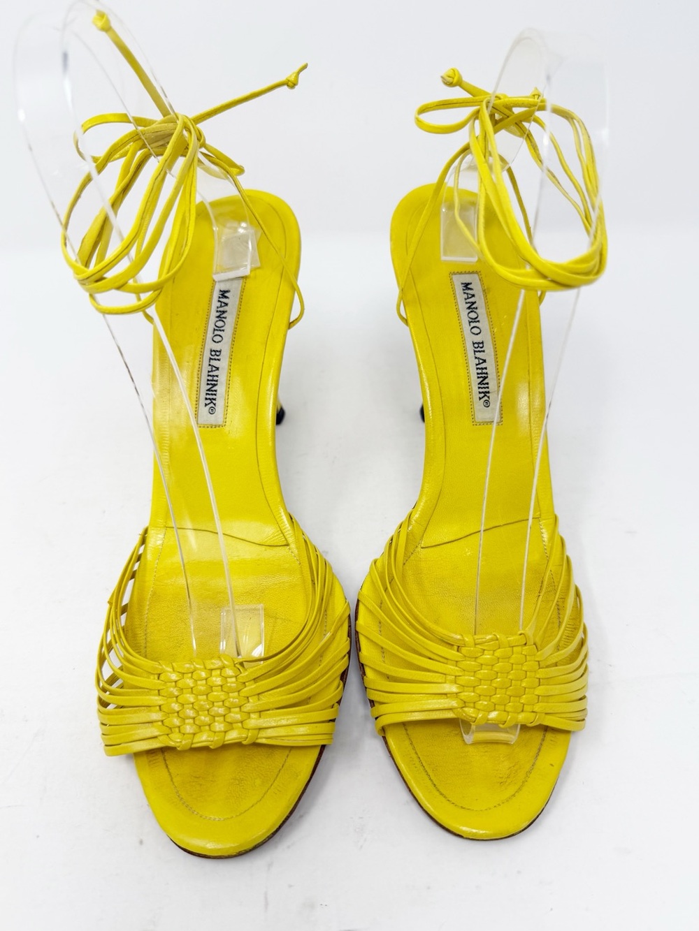 Manolo Blahnik Woven Strappy Heels Yellow Womens Size EU 40.5 - Picture 2 of 9